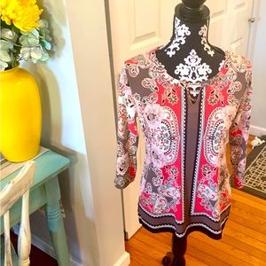 JM Collection Bohemian Tunic — Medium Petite 3/4 Sleeves V Neck Embellished.